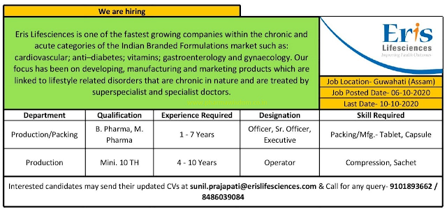 Eris Lifesciences | Urgent Opening for Production/ Packing Departments | Send CV before 10 Oct 2020