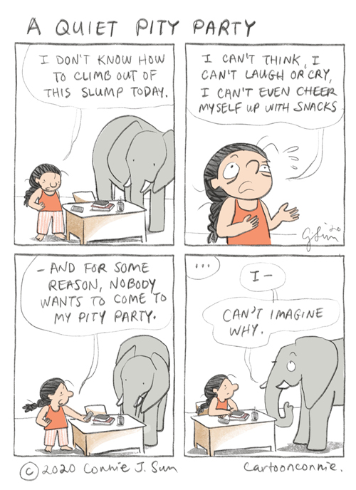 comic strip, comics, pity party, humor, elephant drawing, by connie sun, cartoonconnie