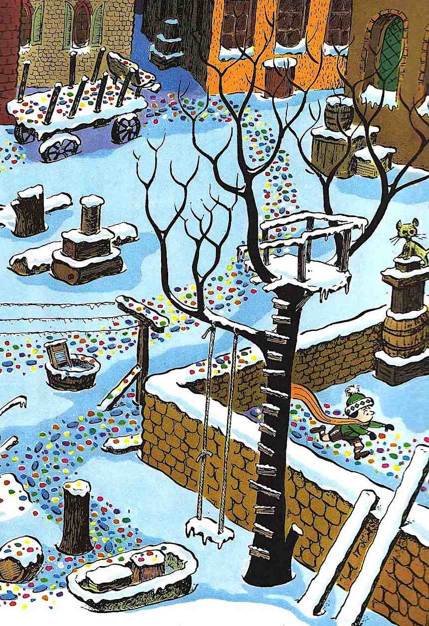 an illustration by cartoonist Virgil Partch, boy following neighborhood trail of dots