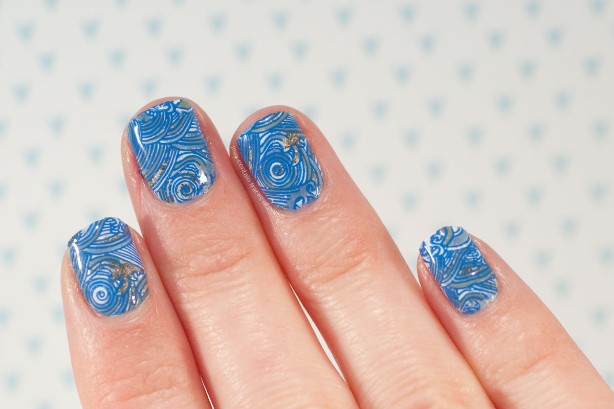 Ocean waves nail art with Petla plates stamping design