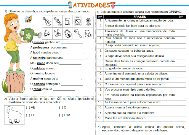 Atividades - RIMAS, SÍLABA MEDIANA, OPINIÃO