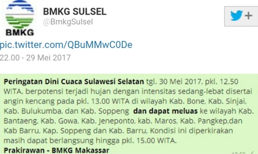 BMKG Sulsel , Keluarkan Peringatan Dini Cuaca Ekstrim