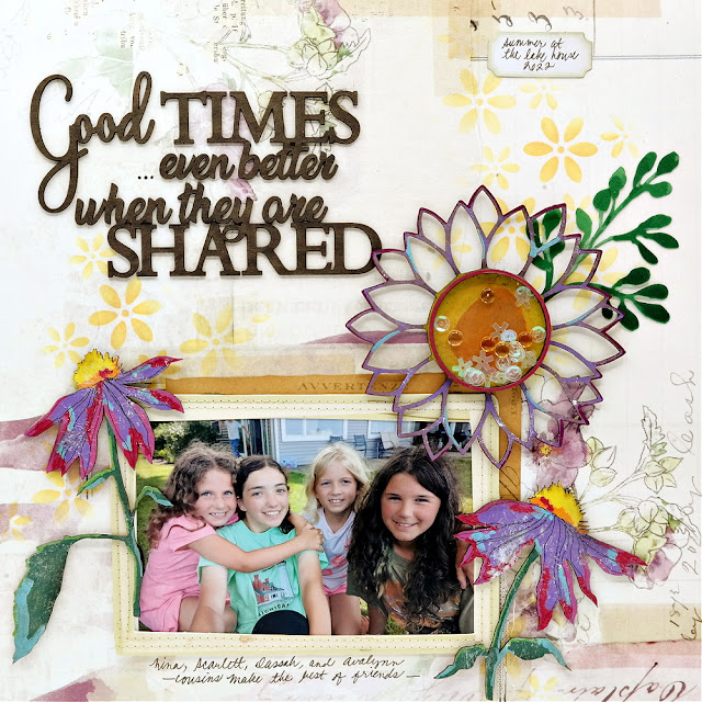 Good Times are Even Better When They Are Shared Painted Floral Chipboard Embellishments on a Scrapbook Layout with Stenciled Background