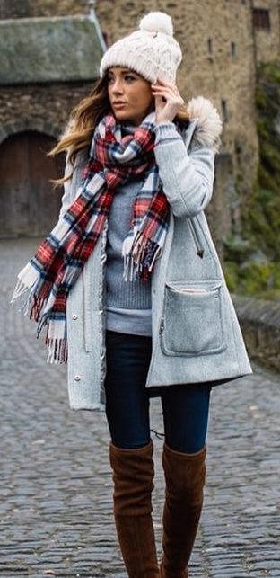 winter fashion trends / grey parka + knit hat + palid scarf + skinnies + brown over knee boots