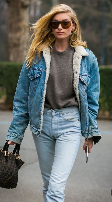 Fall 2018 Street Style : denim jacket + grey pullover + jeans + handbag