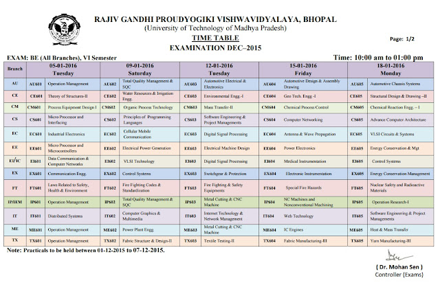 RGPV B.E 6th Sem (Grading ) Exam Time Table 