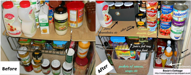 Organized pantry bottom shelves before & after