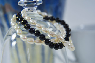 oval white pearl and black onyx 3 triple strand cuff bracelet slide clasp handmade