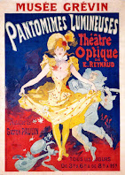 PANTOMIMES LUMINEUSES, THÉÂTRE OPTIQUE DE E. REYNAUD. Cartel de Francia. Arte: Jules Chéret. Impresión: Imprimérie Chaix, Atéliers Chéret, París. Pantomimes lumineuses. 1892. Francia. Creación: Émile Reynaud. El teatro óptico es una aplicación óptica desarrollada por Émile Reynaud y patentada en 1888, basada en el praxinoscopio que permite ofrecer un espectáculo a partir de la proyección de dibujos animados móviles de una duración de entre seis y quince minutos. Se utilizaba la combinación de una linterna mágica que proyectaba las imágenes en el fondo de la escena, y otra que proyectaba las figuras pintadas a mano, mediante espejos y lentes en placas en una banda de tela perforada . Éste es uno de los precedentes del cinematógrafo aunque las imágenes habían de dibujarse a mano sobre la película.