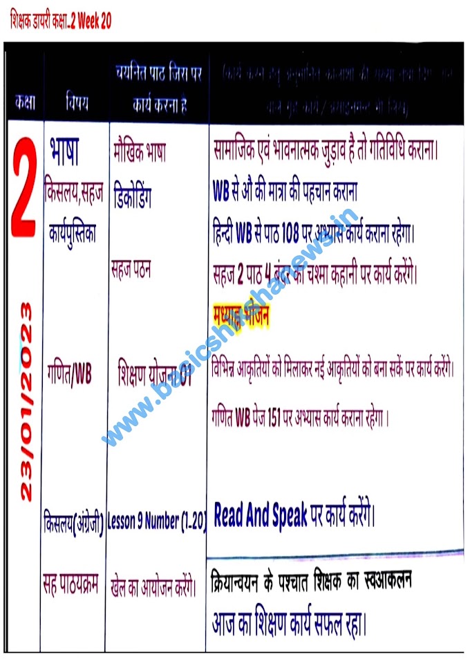 दिनांक 23 से 28 जनवरी, 2023 कक्षा- 02 की भरी हुई शिक्षक डायरी देखने के लिए यहां क्लिक करें।