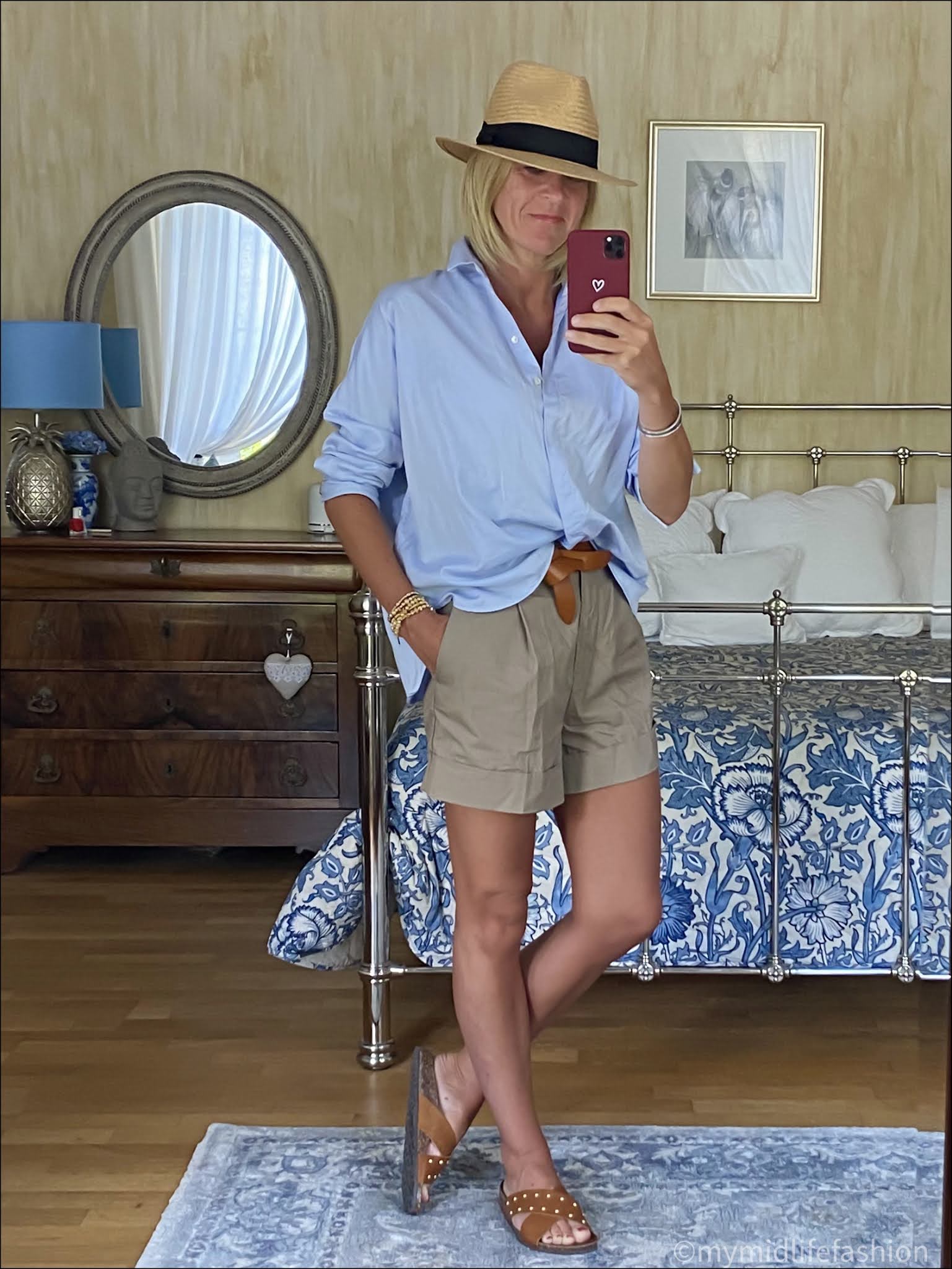 my midlife fashion, h and m Panama hat, Uterque oversized shirt, Isabel Marant lecce belt, h and m chino shorts, basalt studded sliders