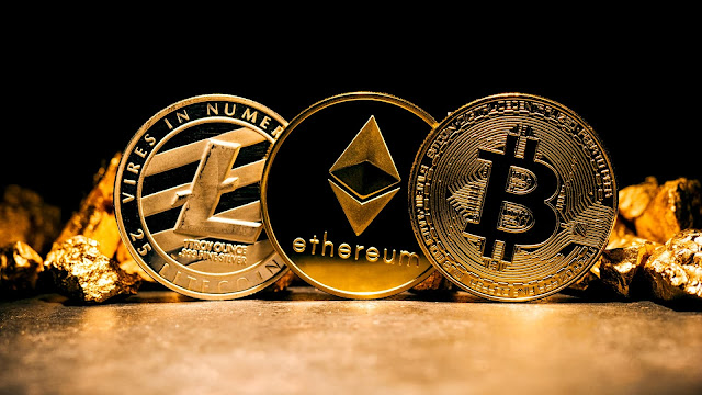 Litecoin,bitcoin and ethereum coins