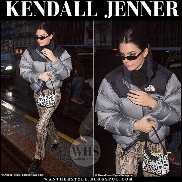 Kendall Jenner In Grey Padded Jacket Snake Print Pants And Black Patent Shoes In Paris On March 14 I Want Her Style What Celebrities Wore And Where To Buy It Celebrity Style