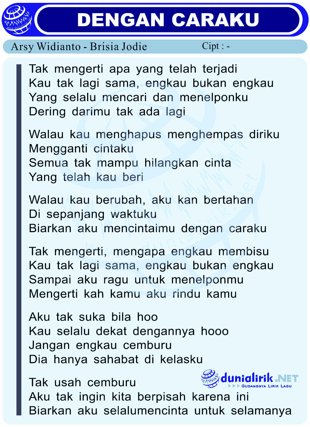 Lirik Lagu Dengan Caraku by Arsy Widianto Brisia Jodie