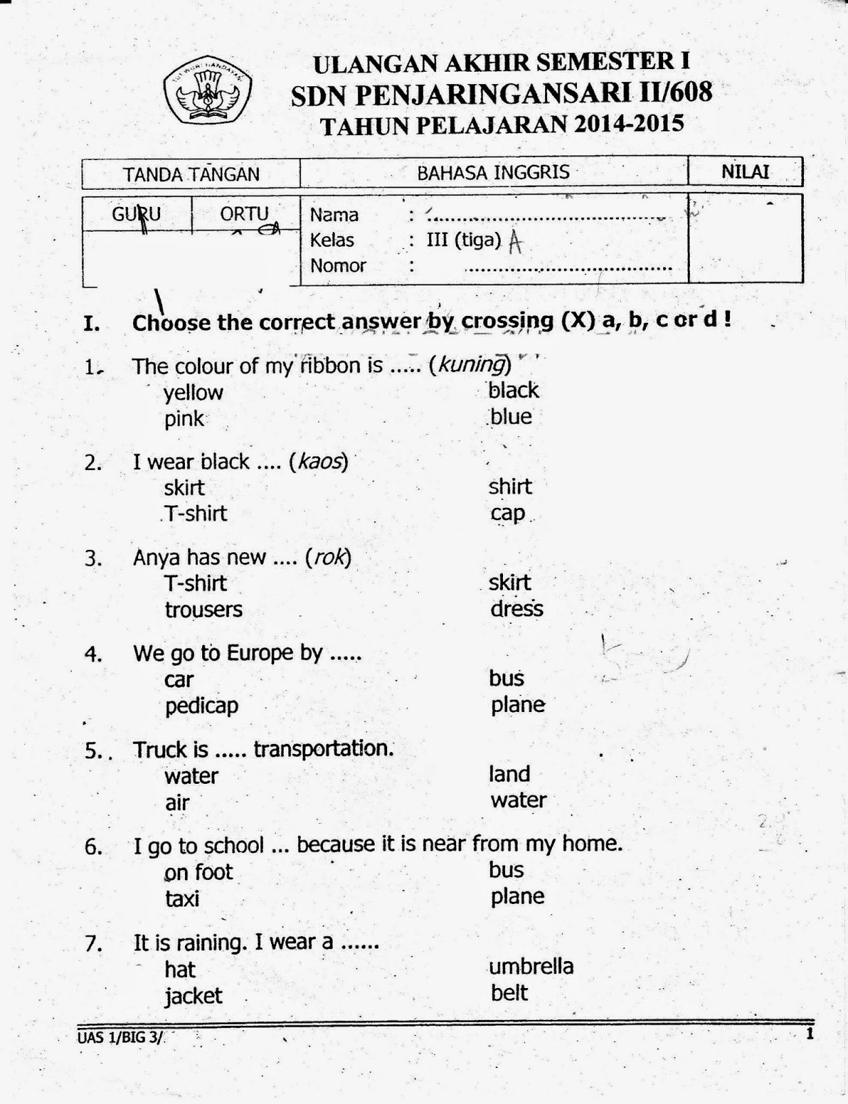 UAS Semester Ganjil Bahasa Inggris Kelas 3 SD TA 2014 2015