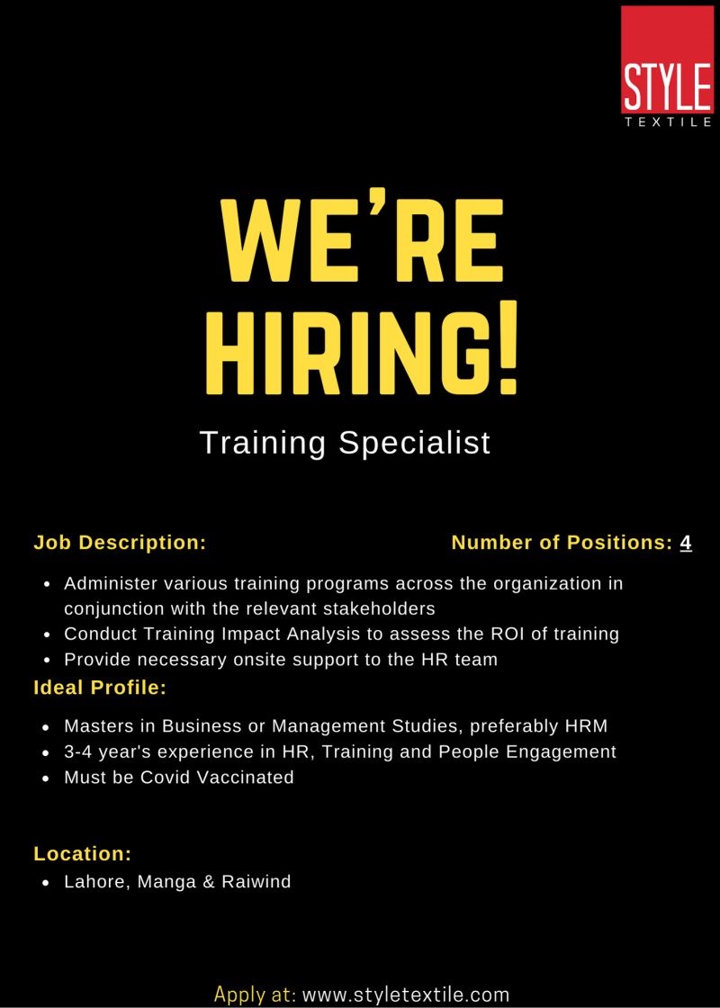 Style Textile Pvt Ltd Jobs For Training Specialist