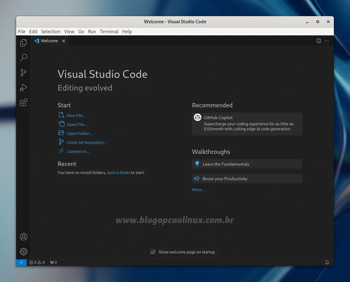 Visual Studio Code executando no Fedora 39 Workstation
