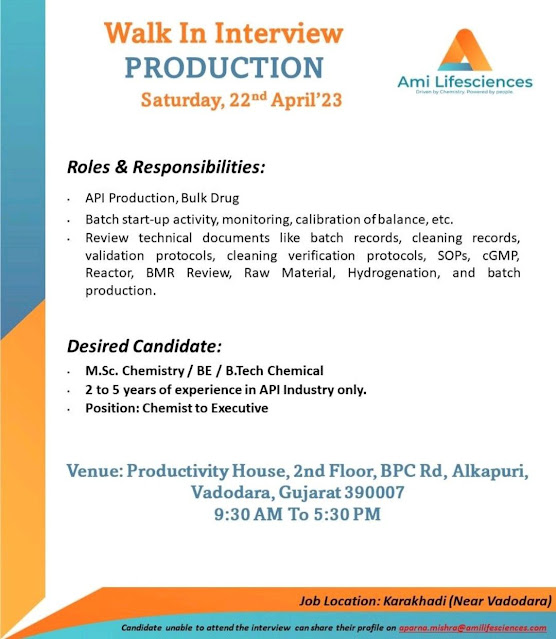 AMI life Sciences | Walk-in interview for Production on 22nd April 2023