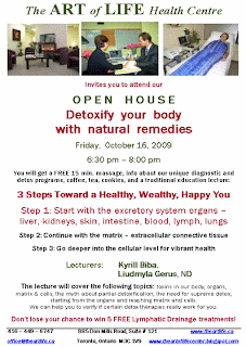 Flyer: Detoxify your body with natural remedies: Art of Life Health Centre Open House October 16, 2009