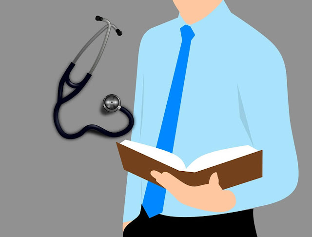 medical professor drawing blue shirt tie holding book