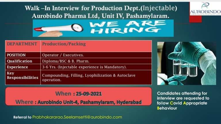 Job Availables,AUROBINDO PHARMA LTD’ (APL). Job Vacancy For Production/Packing