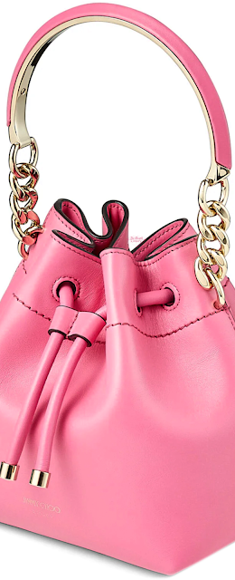 ♦Jimmy Choo candy pink Bon Bon soft shiny calf leather bucket bag with light gold hardware #jimmychoo #bags #pantone #brilliantluxury