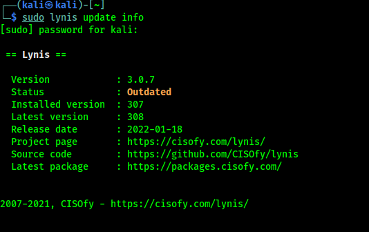 lynis update information on Kali Linux