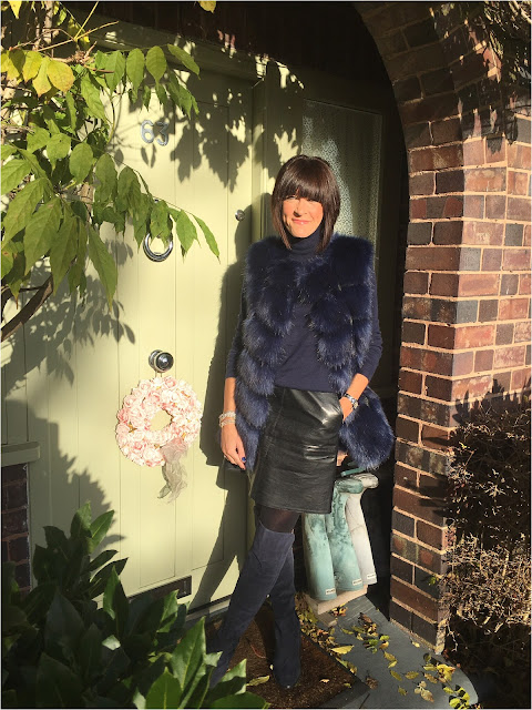 My Midlife Fashion, Boden Polo Neck, Zara faux leather a line skirt, faux fur gilet, clarks caddy belle over the knee boots