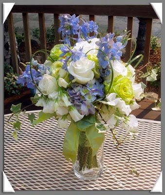 Wedding Bouquet of Blue Larkspur White Roses White Sweet Peas and Lime 