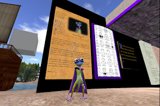 Shyla the Super Gecko stands in front of the exhibit she built at Ethnographia in Second Life
