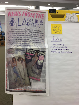 Sketchy prom dress advertisement with student comments as to what is wrong with the advertisement: not the same dress and requires a money order.