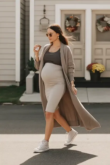 Longline Cardigan + Tank Dress + High-Top Sneakers