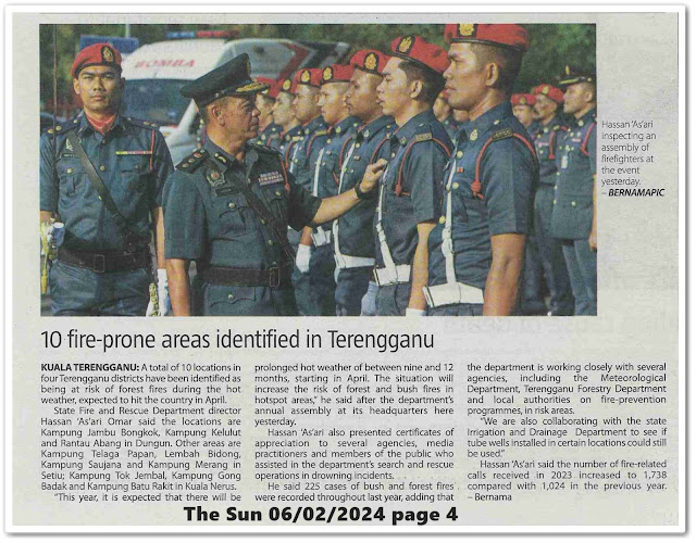 10 fire-prone areas identified in Terengganu | Keratan akhbar The Sun 6 February 2024