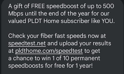 PLDT Fiber - temporary free speed boost of up to 500Mbps - first SMS variant