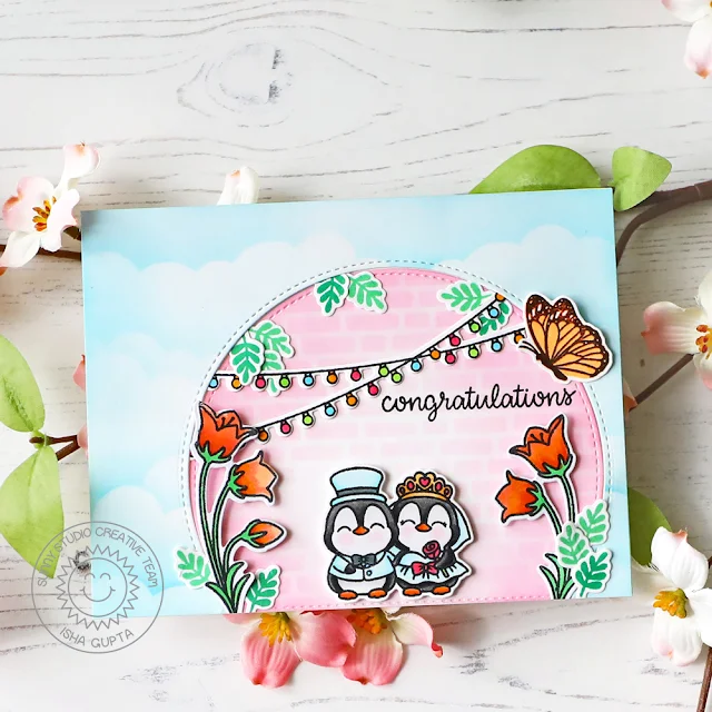 Sunny Studio Stamps: Wedded Bliss Card by Isha Gupta (featuring Stitched Semi-Circle Dies, Inside Greetings, Scenic Route, Garden Fairy)