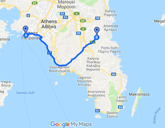 Athens Airport to Piraeus port map