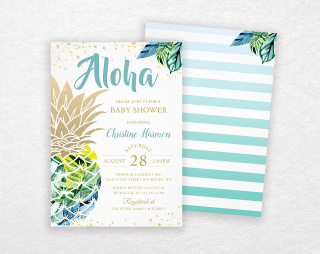  Watercolor Tropical Pineapple Beach Baby Shower Card