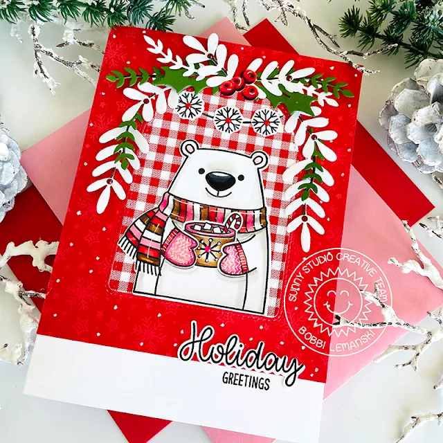 Sunny Studio Stamps: Holiday Hugs Christmas Card by Bobbi Lemanski (featuring Winter Greenery, Stitched Arch Dies)