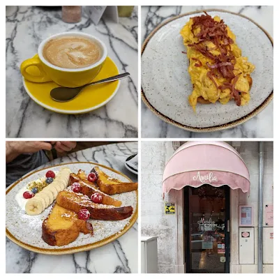 Collage of 4 photos. Top right: cappuccino in a yellow mug. Top left: scrambled eggs and bacon on toast on a ceramic plate. Bottom right: Powder pink awning above the door to Amelia's Cafe. Bottom right: French toast with berries on a ceramic plate.