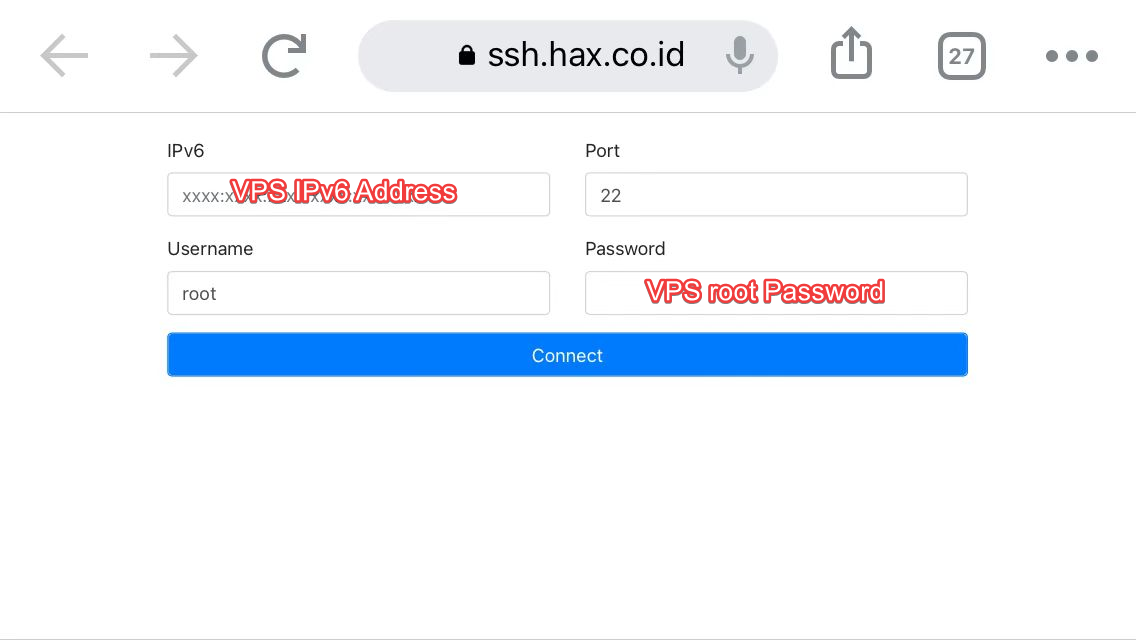 Hax WebBase - SSH Client input IP address port user root password