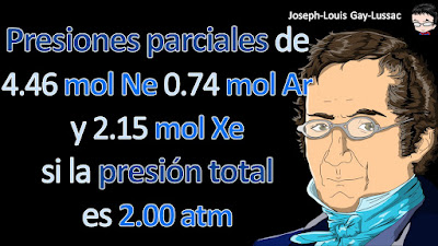 Una mezcla de gases contiene 4.46 moles de neón(Ne), 0.74 moles de argón (Ar) y 2.15 moles de xenón (Xe). Calcule laspresiones parciales de los gases si la presión total es 2.00 atm a ciertatemperatura.