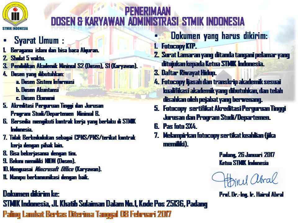 Lowongan Dosen dan Karyawan Administrasi STMIK INDONESIA 