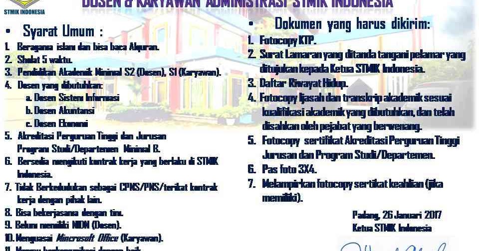 Lowongan Dosen dan Karyawan Administrasi STMIK INDONESIA 