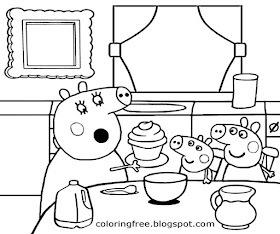 Cupcake cooking in the kitchen Peppa pig cartoon printable simple coloring pages for kids to color