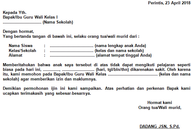 Contoh Surat Izin Sakit Sekolah SMP (via: semuacontoh.com)