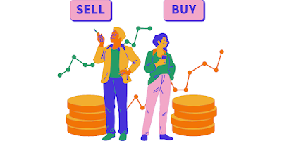 Stock market sell and buy graphics with a men and women standing