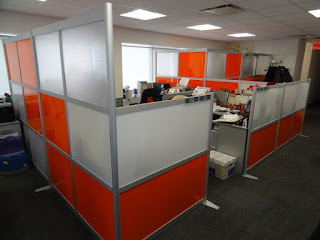 appealing orange white office cubicle decoration ideas and square skylights plus dark flooring