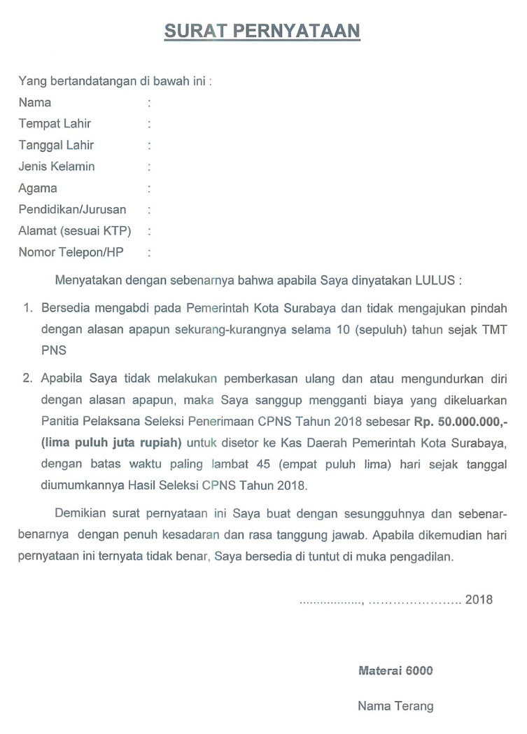 Contoh Surat Lamaran Cpns Kota Surabaya 2018 Pendaftaran