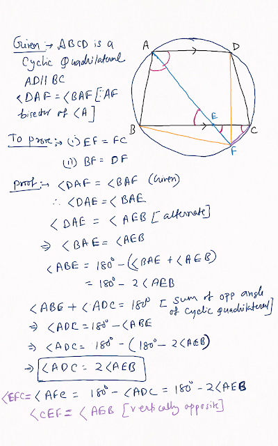 In the following figure, ABCD is a cyclic quadrilateral in which AD is parallel to BC. If the bisector of angle A meet BC at point E and the given circle at point F, prove that: (i) EF = FC (ii) BF =DF