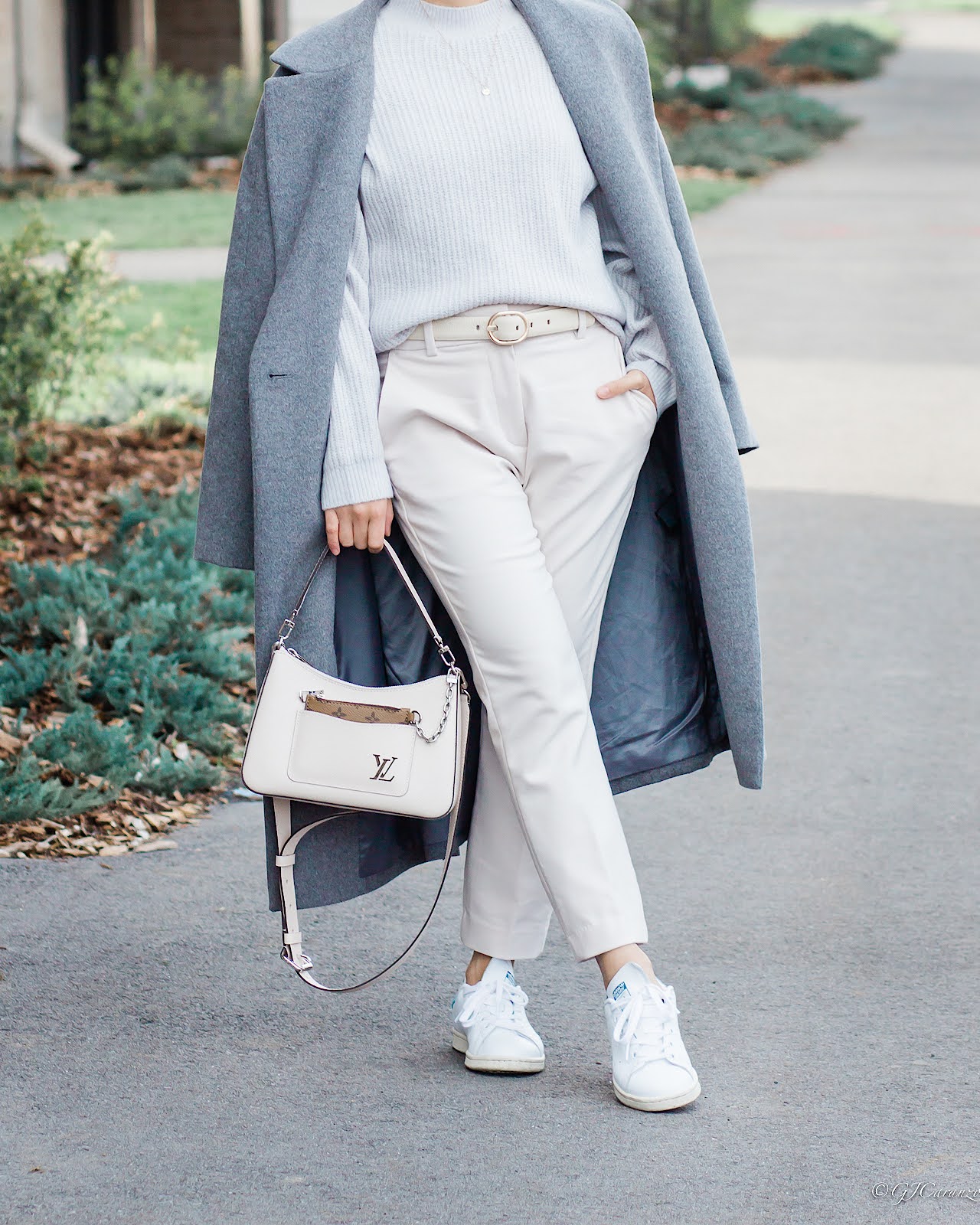 Uniqlo Long Coat | Uniqlo Light Gray Sweater | HM Pants | Louis Vuitton Marelle in Quartz Epi Leather | Adidas Stan Smith | Winter Fashion | Petite Outfit